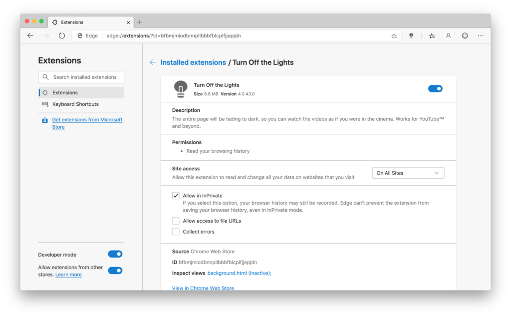 Microsoft Edge Private mode enabled for the Turn Off the Lights