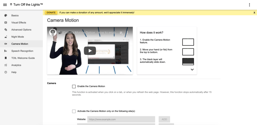 Camera Motion feature in the Turn Off the Lights Options page