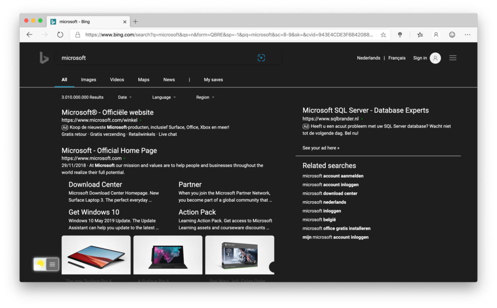 Microsoft Edge night mode enabled with the free Turn Off the Lights browser extension