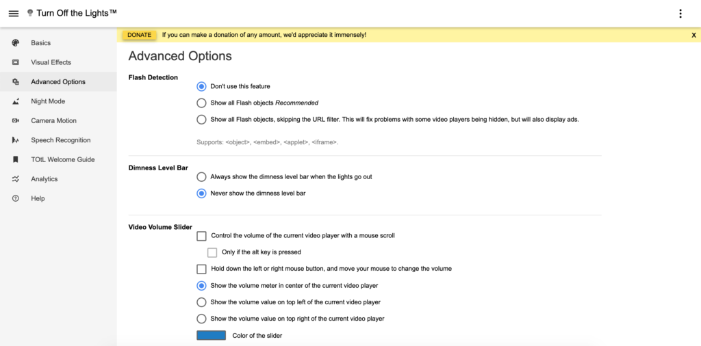 Flash Detection feature in the Turn Off the Lights Options page