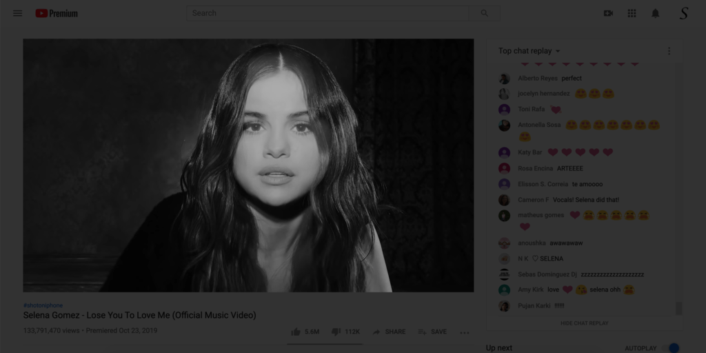 Hear the double sound on YouTube video. That on for example on the playing YouTube video from Selena Gomez - Lose You To Love with the Turn Off the Lights browser extension enabled