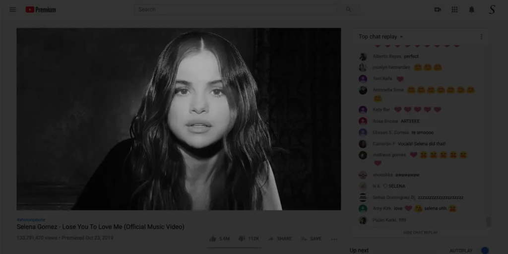 Hear the double sound on YouTube video. That on for example on the playing YouTube video from Selena Gomez - Lose You To Love with the Turn Off the Lights browser extension enabled