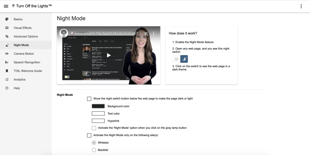 How do I turn night mode on for Chrome? With the Turn Off the Lights Chrome extension