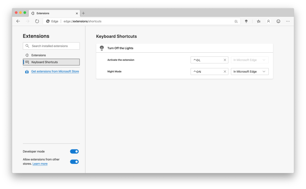 Microsoft Edge Extension keyboard shortcut key