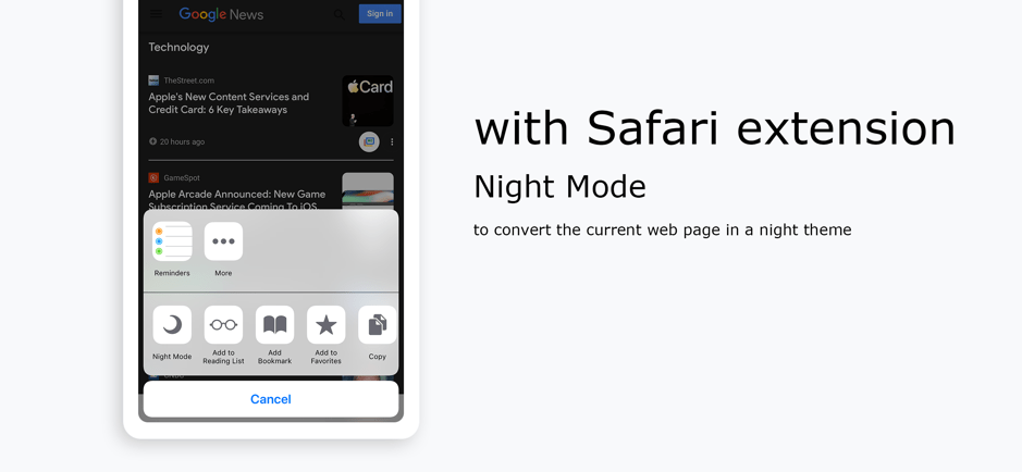 Safari extension with the Night Mode button