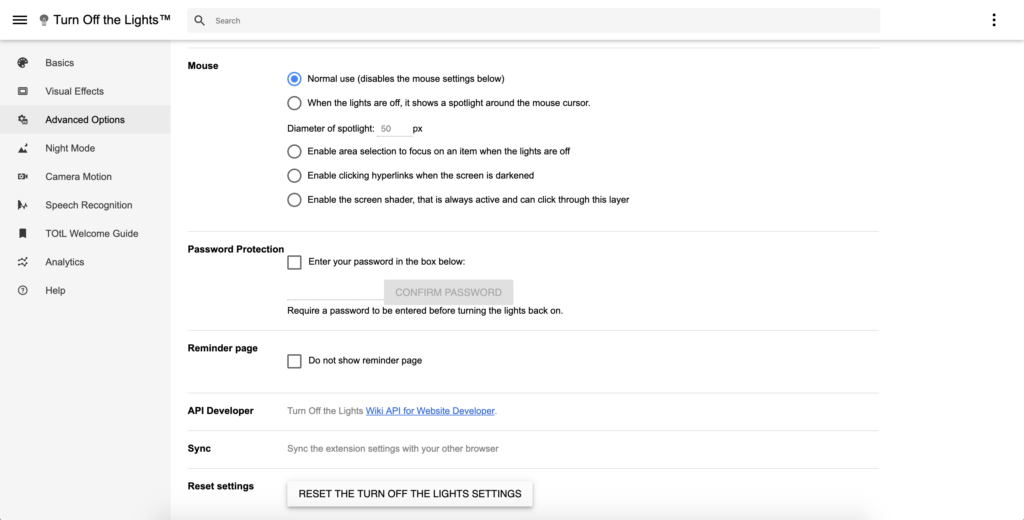 How to reset the Chrome extension settings, that by going to the Turn Off the Lights Options page, Advanced Options tab and click on the big Reset the Turn Off the Lights Settings button