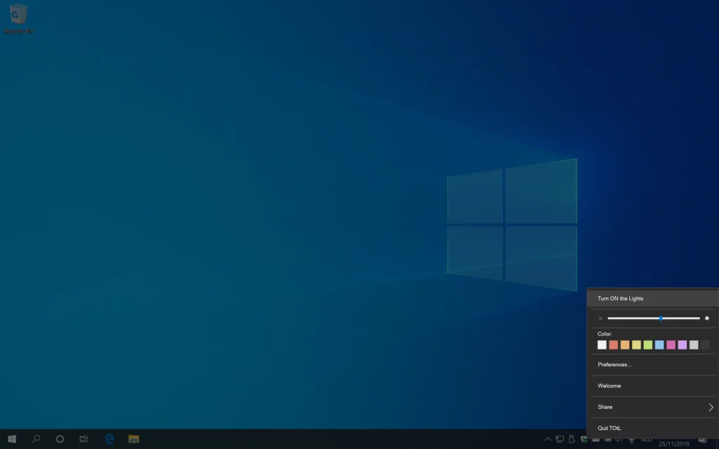 Right-click on the white lamp button to see the context menu. And to get the settings for Turn Off the Lights for Desktop app