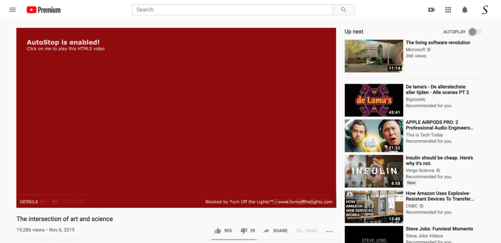 Stop Automatically Playing HTML5 video enabled thanks to the Turn Off the Lights browser extension
