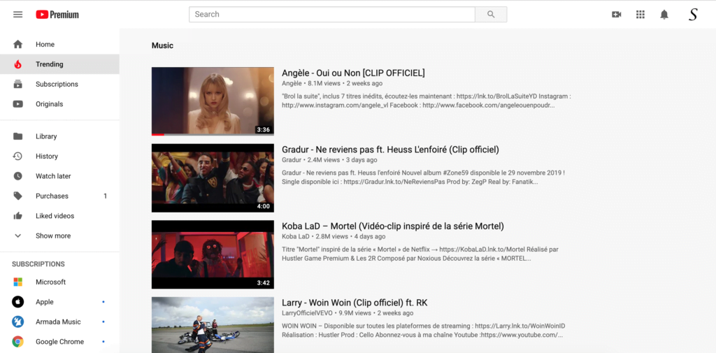 YouTube Trending page, where the YouTube Help page is avialable in the square 6 dots icon