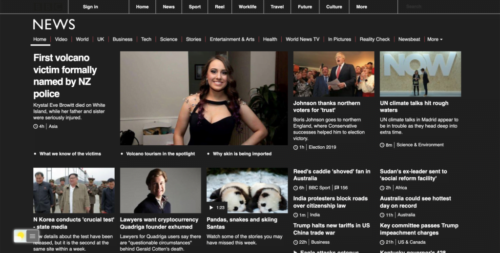 Modo oscuro BBC habilitado en el sitio web