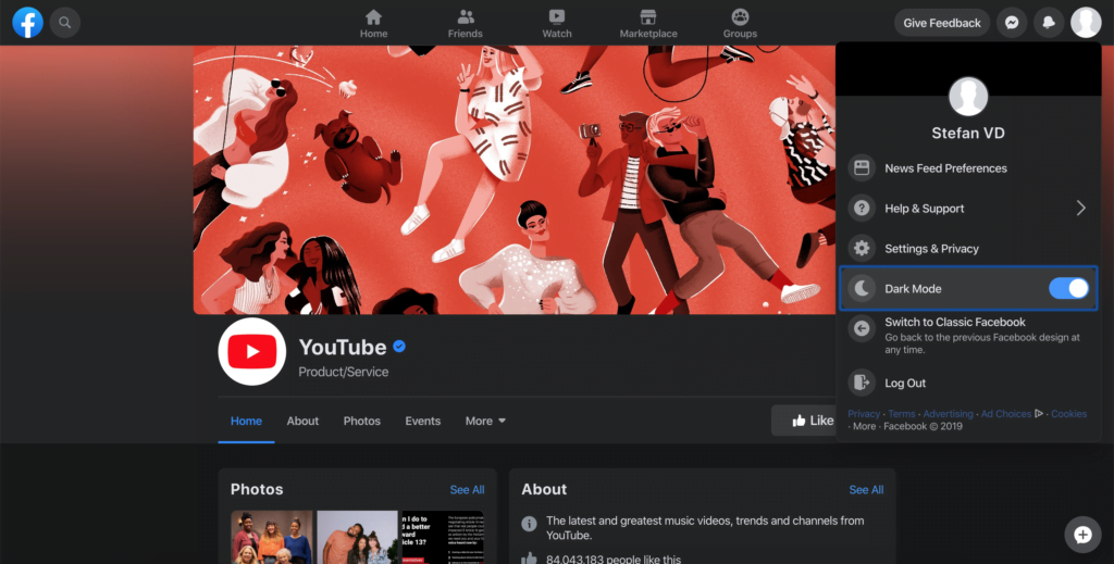 The new Dark Facebook website design is enabled with a toggle on the switch