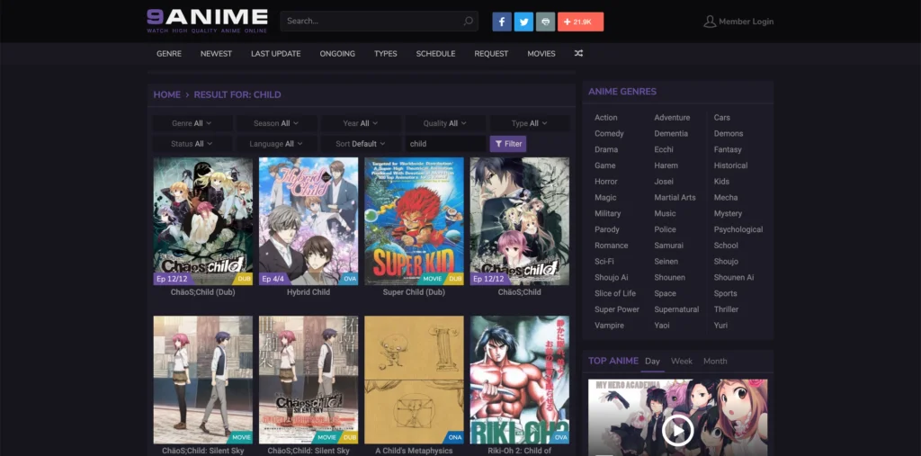 9anime-Website mit einer Galerie von Videos