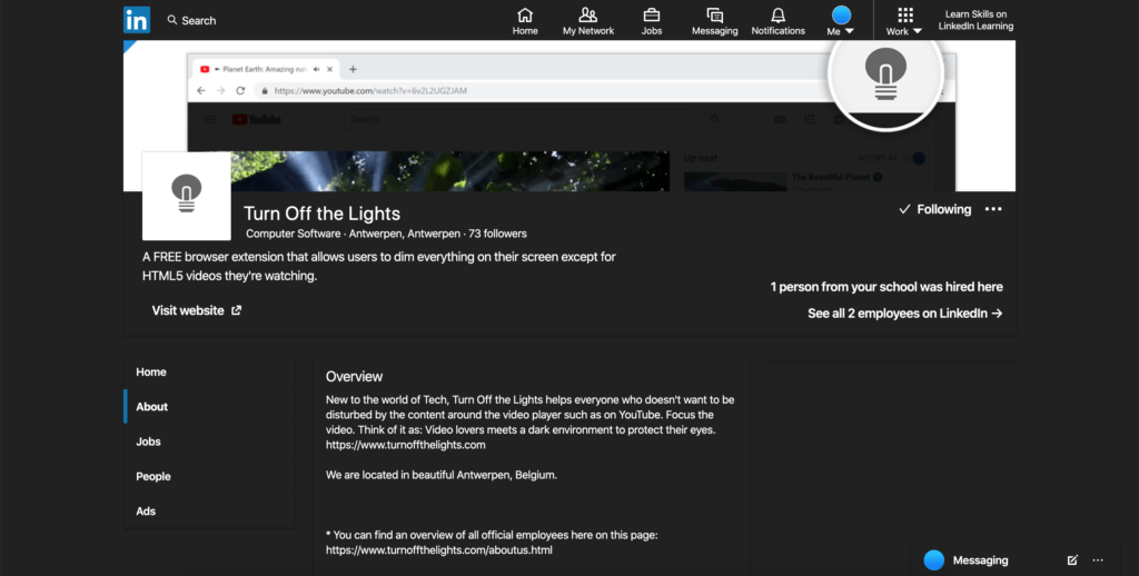 Linkedin Dark Mode on Turn Off the Lights brand page