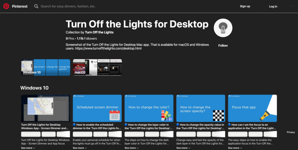 Pinterest Dark Mode with the Turn Off the Lights browser extension