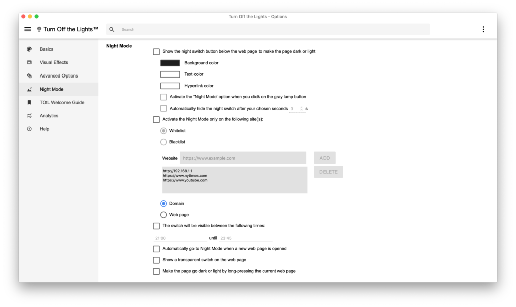 Night Mode for Safari in the Turn Off the Lights Options page