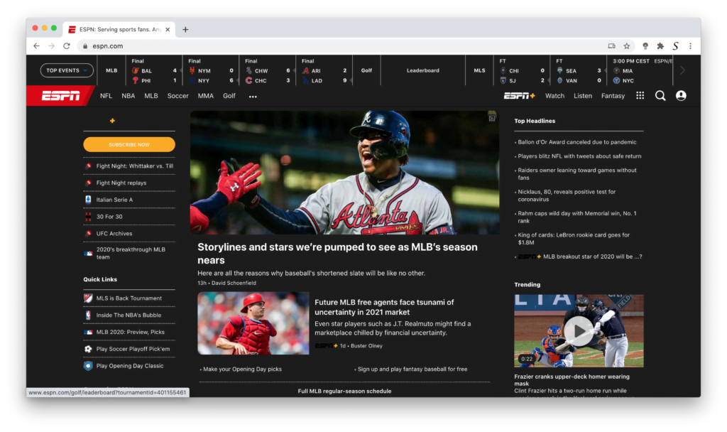 ESPN Dark Mode thanks to the free Turn Off the Lights browser extension 