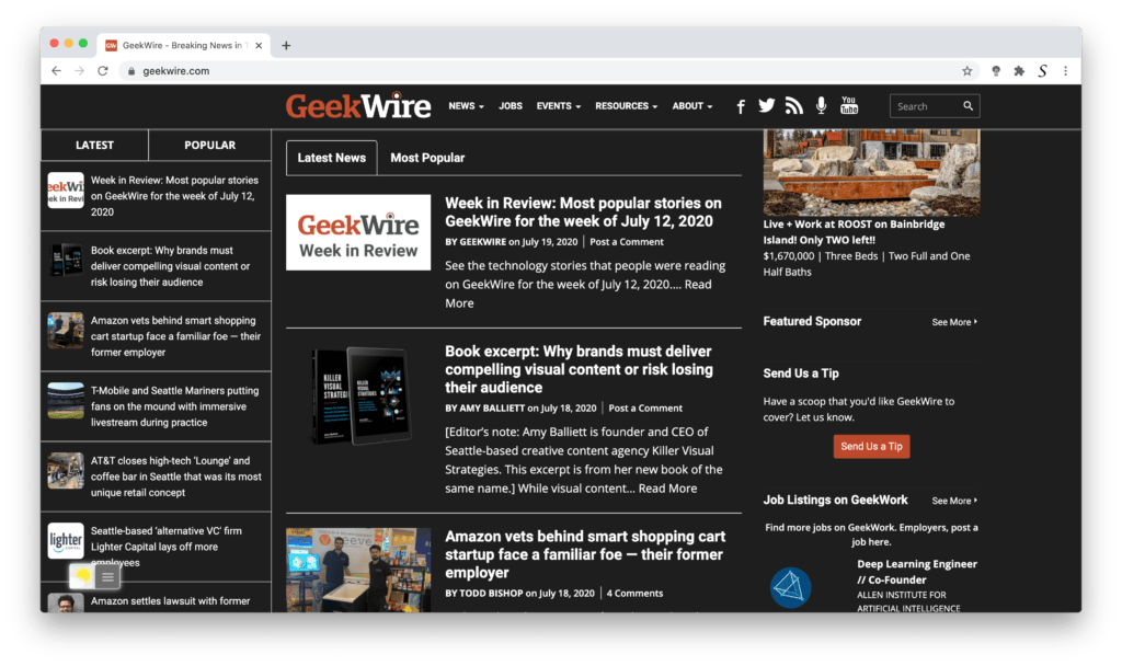 GeekWire dark mode with the free Turn Off the Lights browser extension