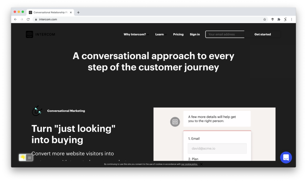 Intercom Dark Mode with Turn Off the Lights browser extension
