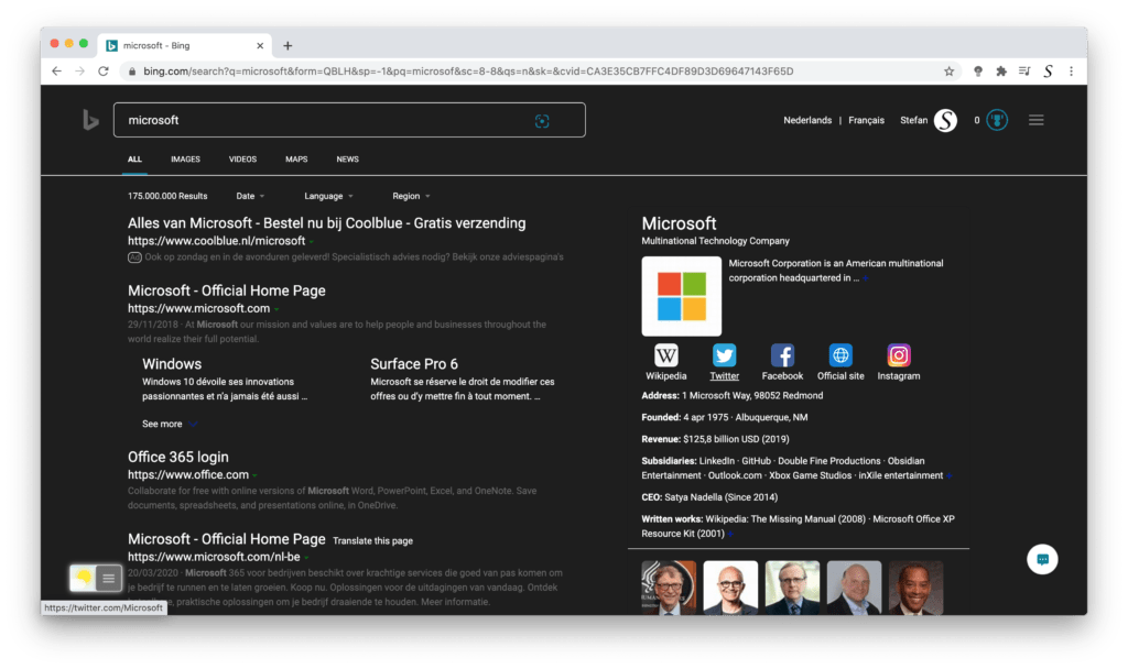 Bing Dark Mode with the Turn Off the Lights browser extension