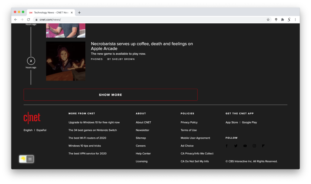 Site de bas de page de CNET en mode sombre