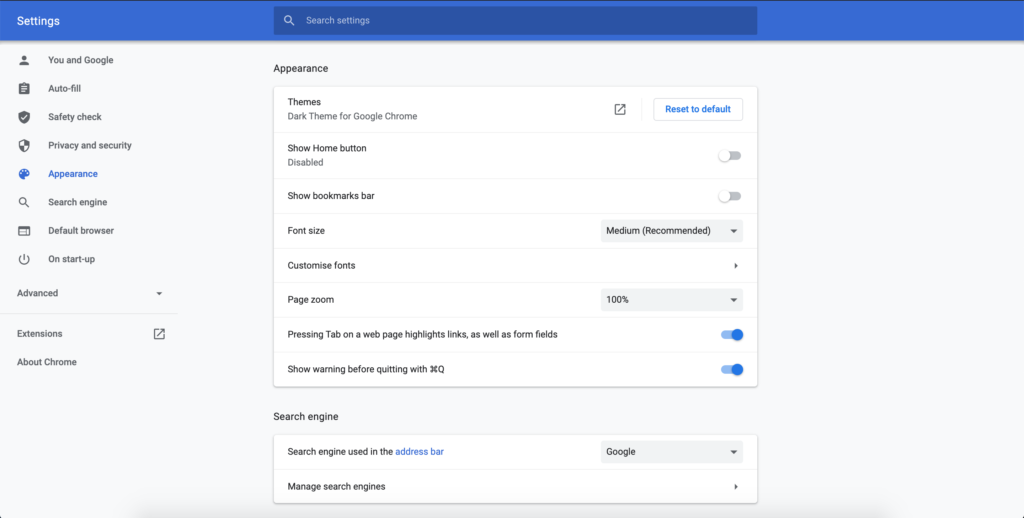 Chrome settings page