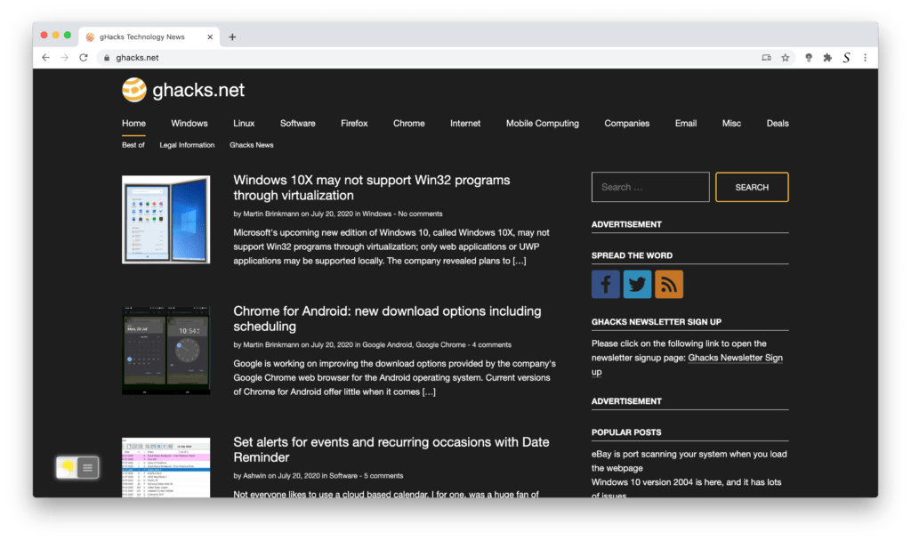 gHacks Dark Mode website with the free Turn Off the Lights browser extension. That with the Night Mode feature enabled