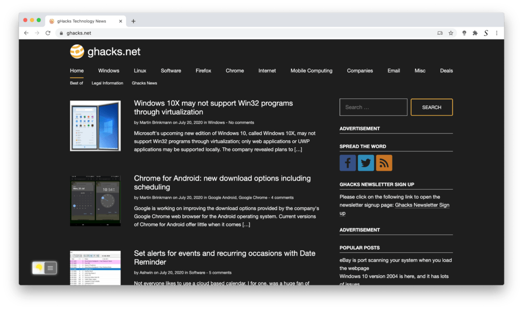 gHacks Dark Mode sitio web con el free Apagar la extensión del navegador luces. Que con la función Modo nocturno habilitada