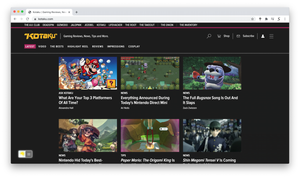 Kotaku Dark Mode enabled with the Turn Off the Lights browser extension using the Night Mode feature