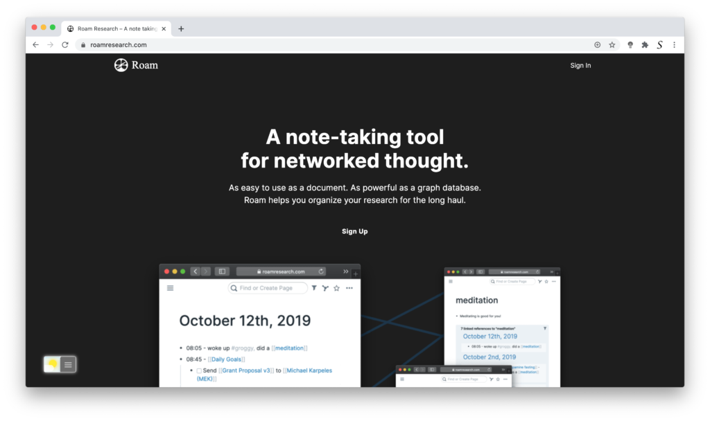 Roam Research dark mode with the Turn Off the Lights browser extension