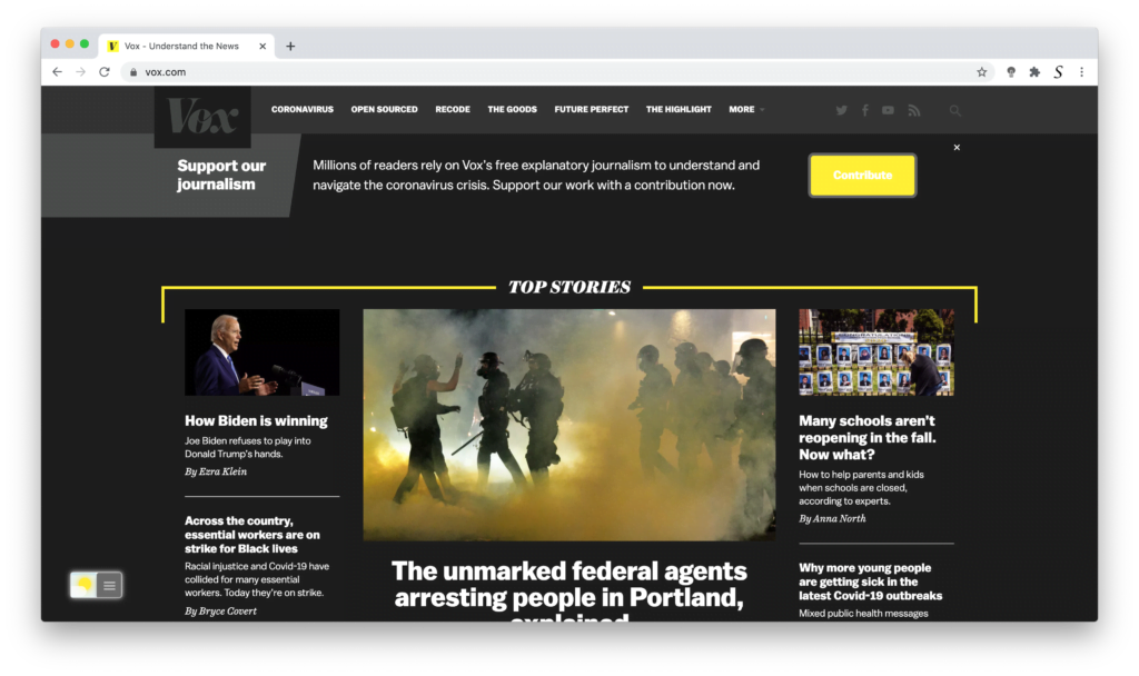 VOX Dark Mode with the free Turn Off the Lights browser extension