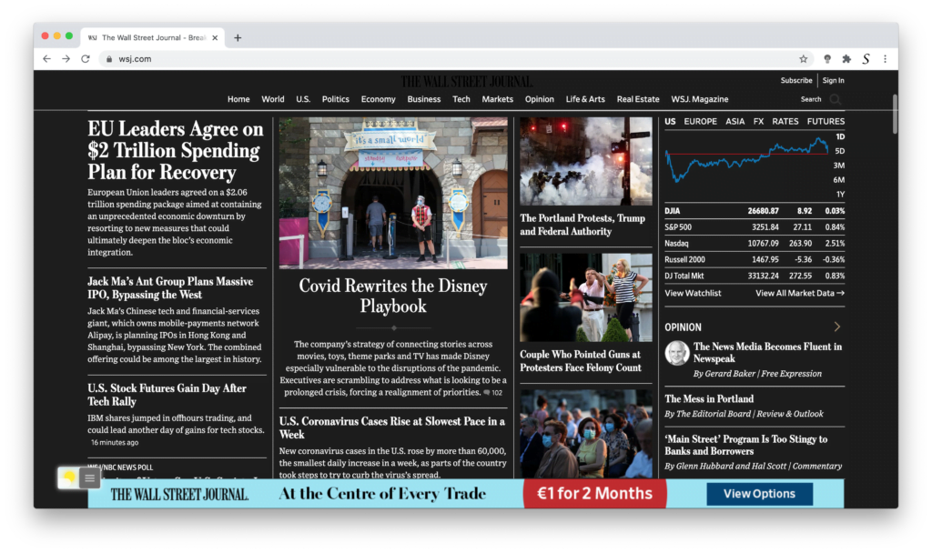 WSJ Dark Mode with the Turn Off the Lights browser extension. The 'Wall Street Journal' in Dark Mode thanks to the Night Mode feature.