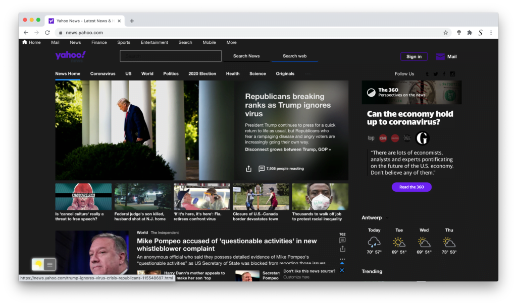 Yahoo Dark Mode with the Turn Off the Lights browser extension. Thanks to the Night Mode feature.