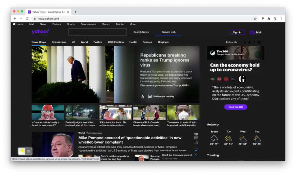 Yahoo Dark Mode avec l'extension de navigateur Turn Off the Lights. Grâce à la fonction Mode nuit.