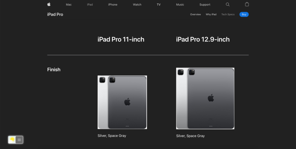 Página web de especificaciones técnicas del iPad Pro de Apple en modo nocturno