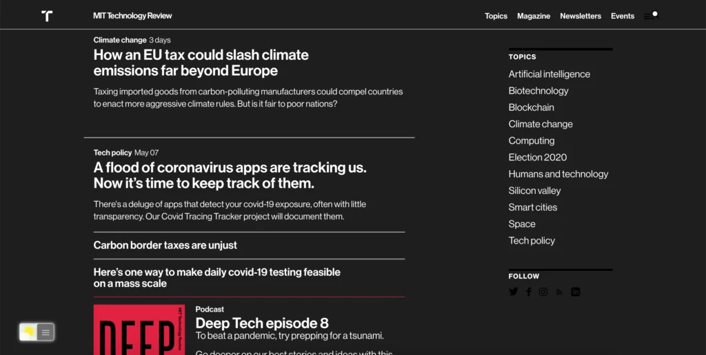 MIT Technology Review Dark Mode with the Turn Off the Lights browser extension using the Night Mode feature