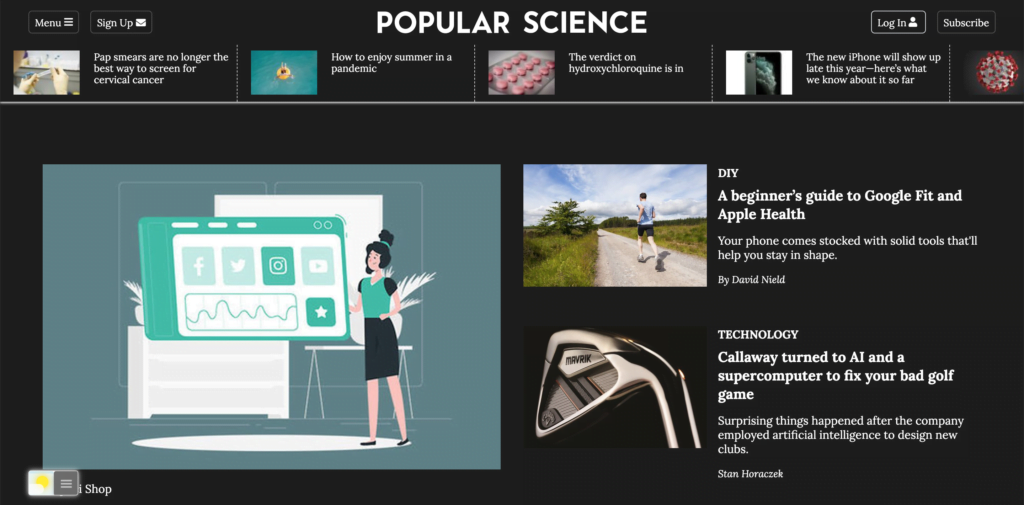Popular Science Dark Mode with the free Turn Off the Lights browser extension