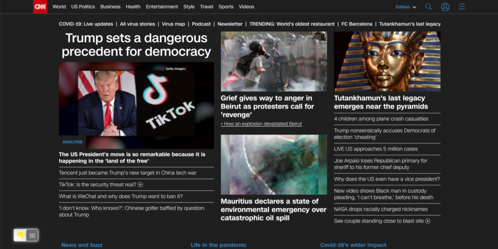 CNN Dark Mode enabled with the Turn Off the Lights browser extension using the Night Mode feature