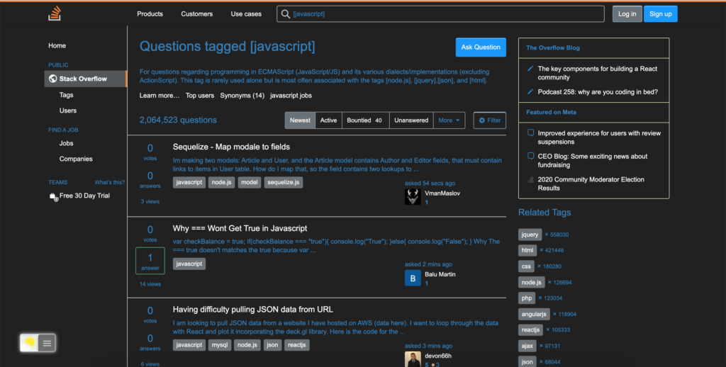 Stack Overflow Dark Mode with the Turn Off the Lights browser extension using the advanced Night Mode feature