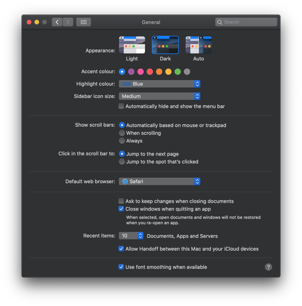 System Preferences - Dark selected