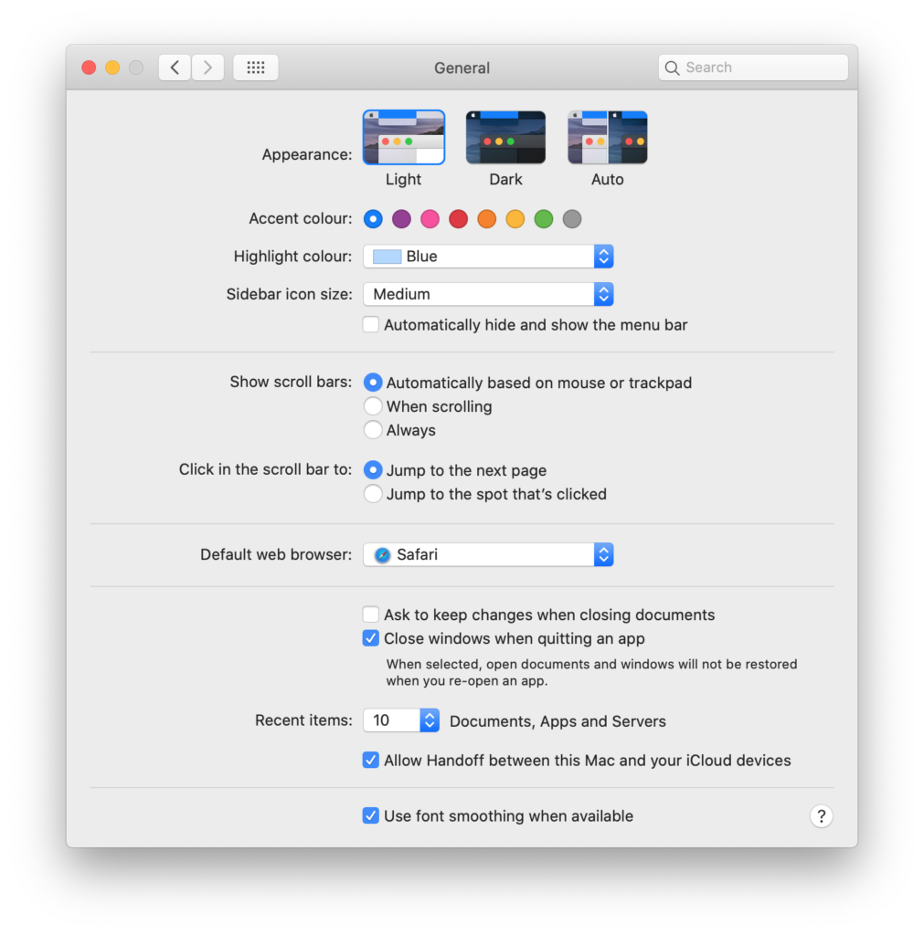 System Preferences - Light selected