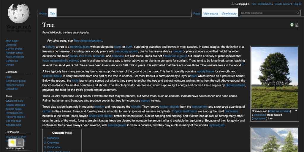 Wikipedia Night Mode enabled with the free Turn Off the Lights browser extension