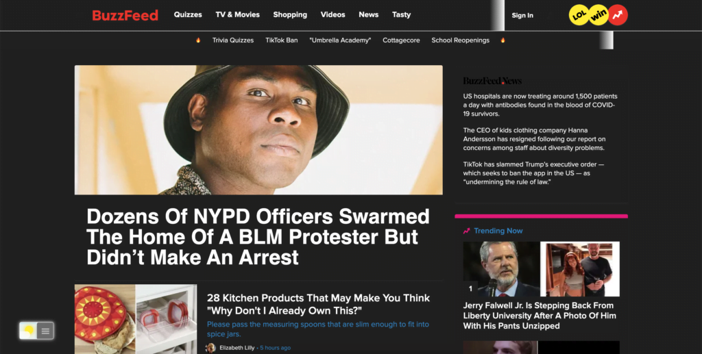 BuzzFeed Dark Mode with the Turn Off the Lights browser extension Night Mode feature enabled
