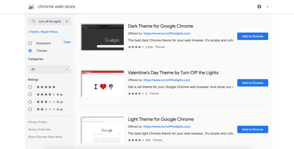 Chrome web store with the Turn Off the Lights themes on the web page