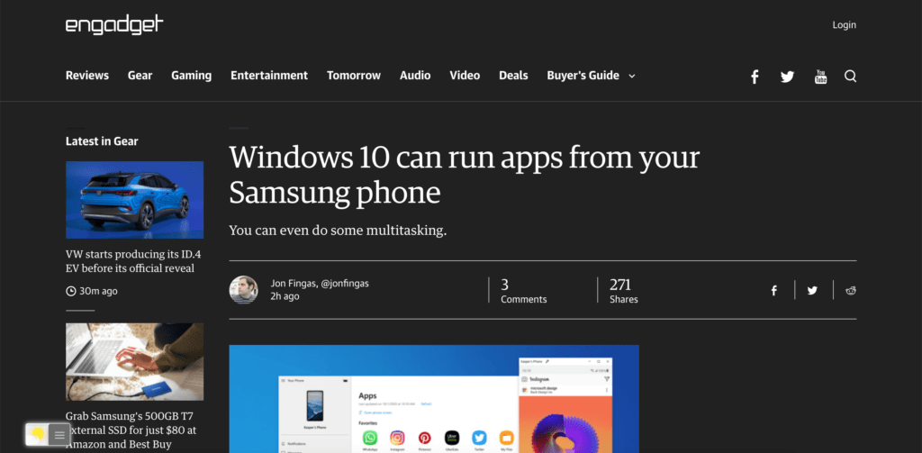 Engadget Dark Mode enabled with the free Turn Off the Lights browser extension using the Night Mode feature