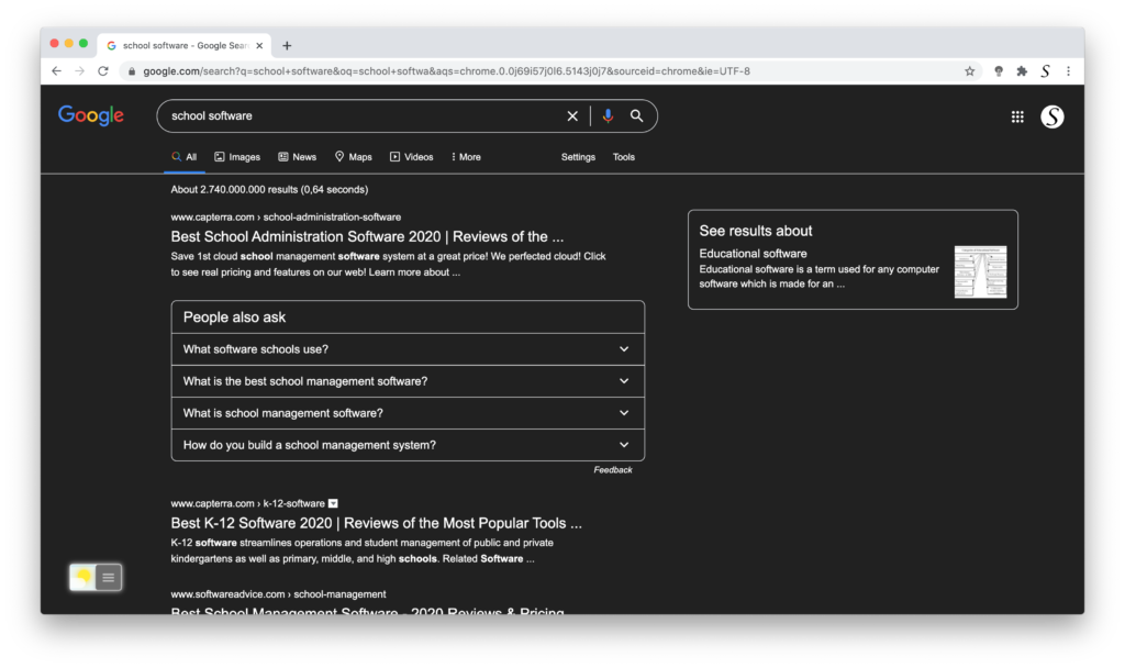 Google Search Night Mode enabled with the free Turn Off the Lights browser extension