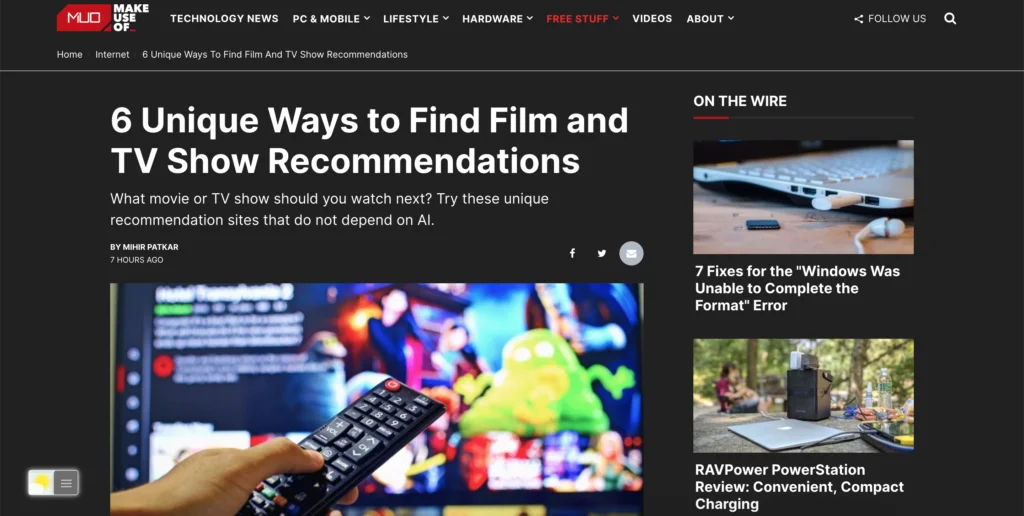 MakeUseOf Dark Mode aktiviert mit der kostenlosen Browsererweiterung Turn Off the Lights unter Verwendung der Funktion Night Mode