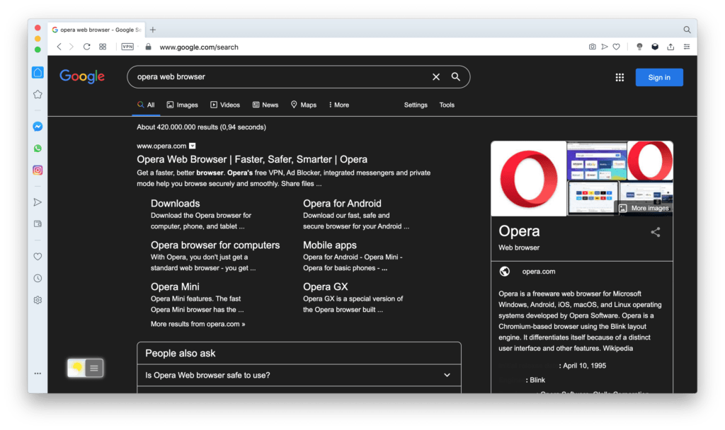 Opera Night Mode with the free Turn Off the Lights browser extension