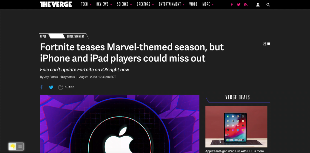 The Verge in Dark Mode with the free Turn Off the Lights browser extension