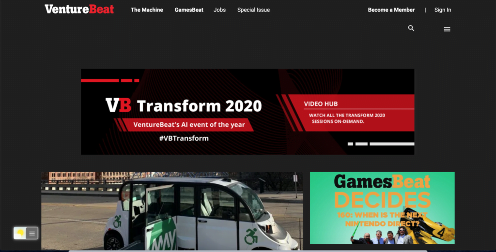 VentureBeat Dark Mode enabled with the free Turn Off the Lights browser extension using the Night Mode feature