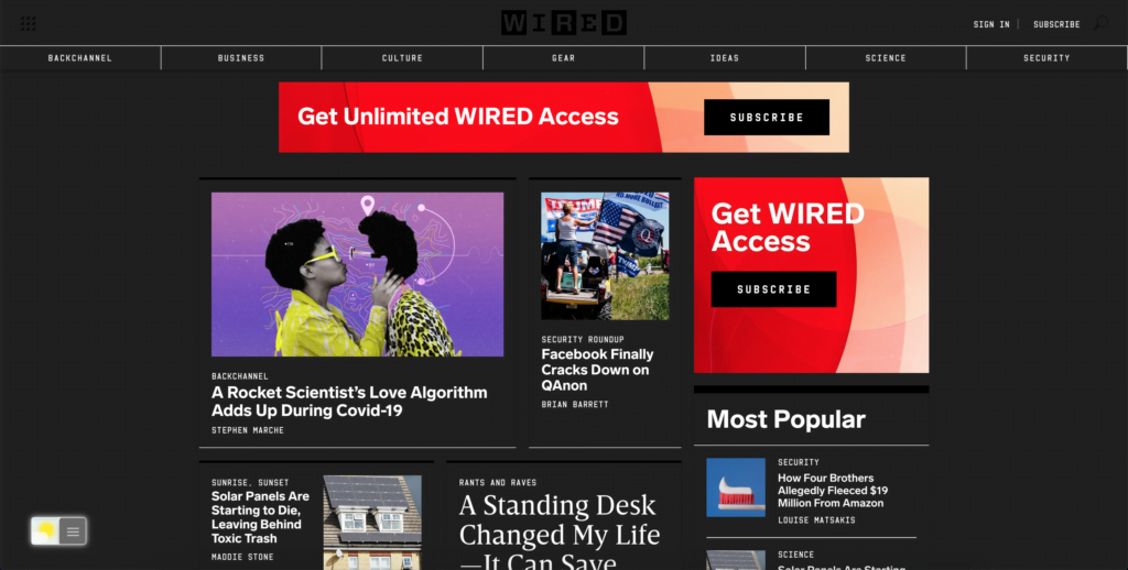 Wired Dark Mode enabled with the free Turn Off the Lights browser extension using the Night Mode feature